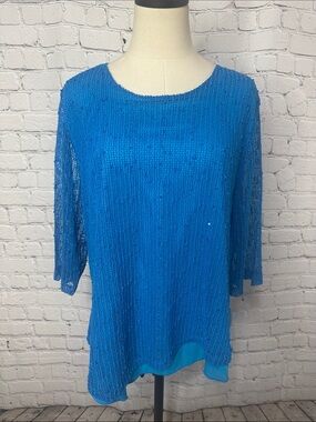 Lulu-B Turquoise Blue Open-Knit Scoop Neck Pullover Large- XL